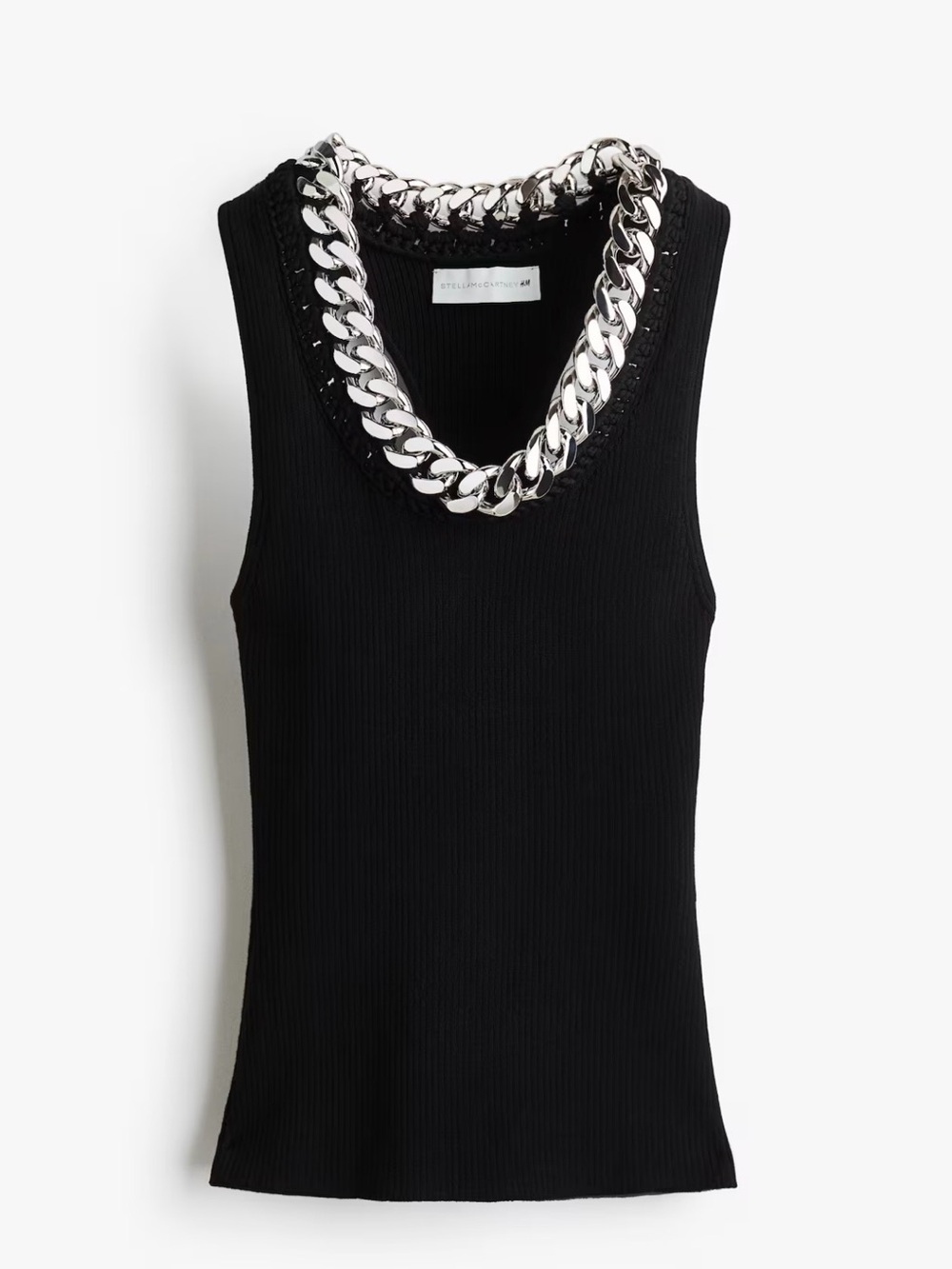 Stella McCartney Black Ribbed Tank with Silver Chain Necklace